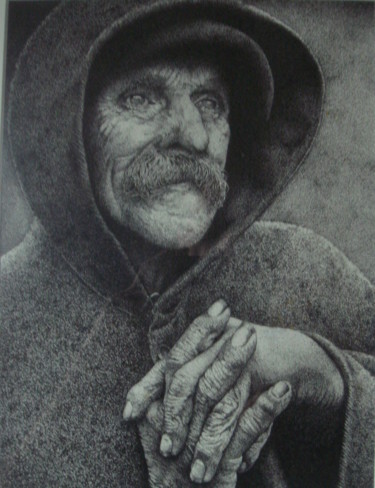 Dessin intitulée "LE vieux berger" par José Garcia (GARBEL), Œuvre d'art originale, Encre Monté sur Châssis en bois