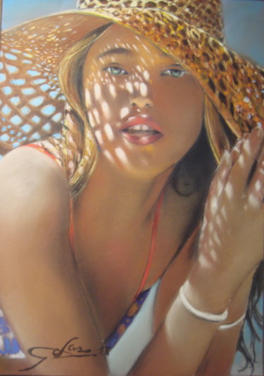 图画 标题为“jeune fille au chap…” 由José Garcia (GARBEL), 原创艺术品, 粉彩