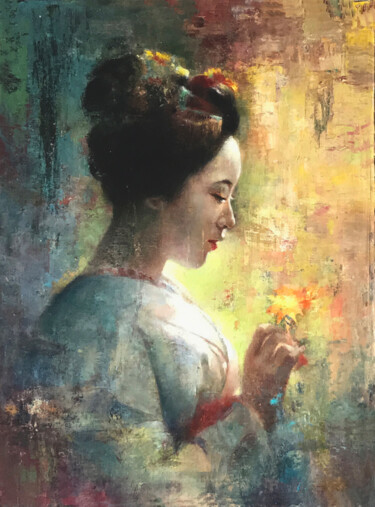 Painting titled "Geisha en un jardín" by Jose Gil, Original Artwork, Oil