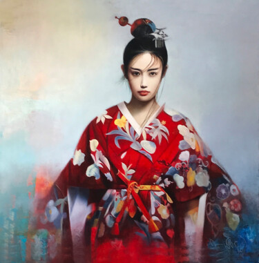 Painting titled "Oriental con Kimono…" by Jose Gil, Original Artwork, Oil Mounted on Wood Stretcher frame