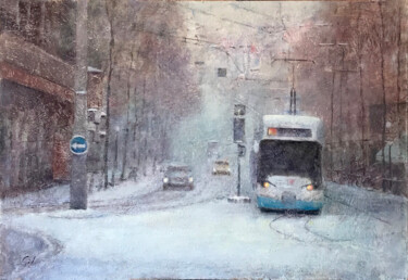 Painting titled "Zurich tranvía en l…" by Jose Gil, Original Artwork, Oil Mounted on Wood Panel