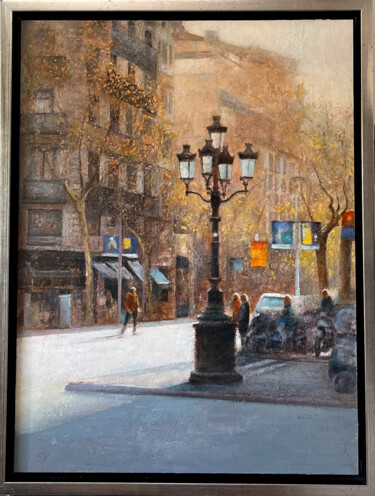 Painting titled "Paseo de Gracia Bar…" by Jose Gil, Original Artwork, Oil Mounted on Wood Stretcher frame