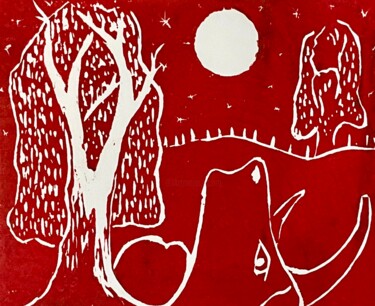 Gravures & estampes intitulée "Nocturno rojo" par Jose Jackson Gudamuz, Œuvre d'art originale, Xylographie