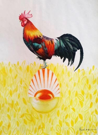Painting titled "Gallo" by José Luis Montes, Original Artwork, Pencil Mounted on Wood Stretcher frame