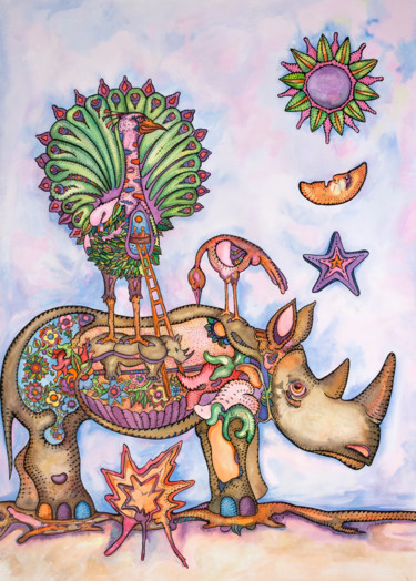 Pintura titulada "El Rinoceronte y el…" por José Luis Olivares Mazón, Obra de arte original, Tinta