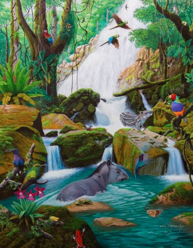 제목이 "Cascadas mágica"인 미술작품 José Luis Toaquiza Chugchilan로, 원작, 아크릴 나무 들것 프레임에 장착됨