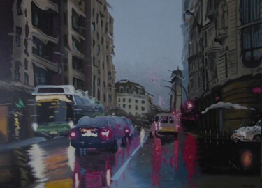 Painting titled "Trapped on traffic…" by Jose Ramon Muro Pereg (JRMuro), Original Artwork, Oil Mounted on Wood Panel