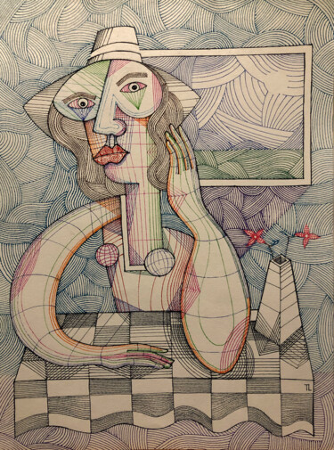 Dessin intitulée "Mulher de Chapéu" par José Roberto Teixeira Leite Junior, Œuvre d'art originale, Stylo gel