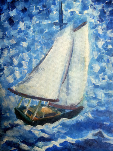 Картина под названием "Little boat in blue…" - Jose Faedda, Подлинное произведение искусства, Акрил