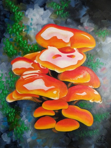 Glossy mushrooms Ζωγραφική με τίτλο "Glossy mushrooms" από Anna Shabalova, Αυθεντικά έργα τέχνης, Λάδι Τοποθετήθηκε στο Τσάντα καμβά