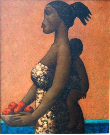 Painting titled "Femme portant le bé…" by José  Herrera, Original Artwork, Oil