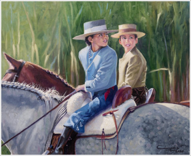 Painting titled ""Niños en Romería"" by Jose Luis Santamaria Campos, Original Artwork, Oil