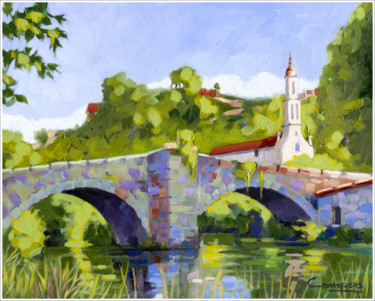 Peinture intitulée ""Puente de Allariz"" par Jose Luis Santamaria Campos, Œuvre d'art originale, Huile