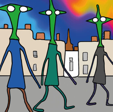 Digitale Kunst mit dem Titel "THREE ALIENS WALKIN…" von Josep Domènech, Original-Kunstwerk, KI-generiertes Bild