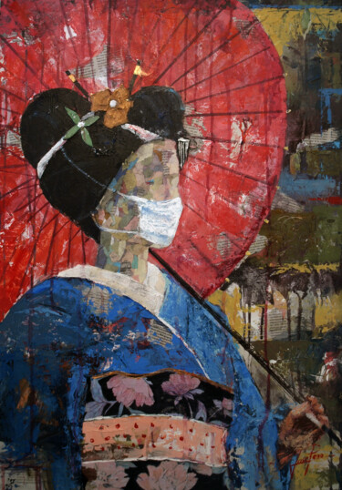 Painting titled "SERIE GEISHA 00017" by Josep Pozo, Original Artwork, Collages Mounted on Wood Panel