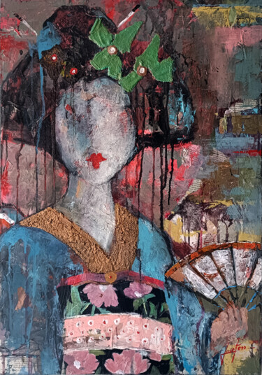 Collages titled "SERIE GEISHA 00087" by Josep Pozo, Original Artwork, Acrylic Mounted on Wood Panel