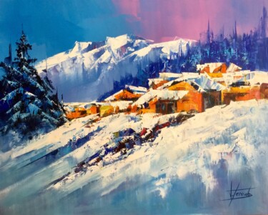 Painting titled "Chalets alpins" by Joseph Teixido, Original Artwork, Oil