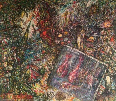 Картина под названием "THE RED TRAIN" - Joseph Urie, Подлинное произведение искусства, Масло Установлен на Деревянная панель