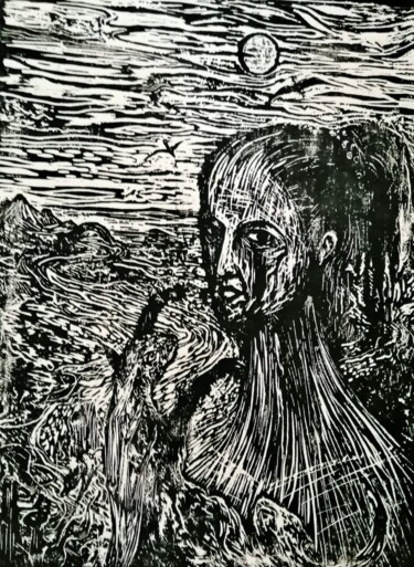 Printmaking titled "WOMAN with CAT" by Joseph Urie, Original Artwork, Linocuts