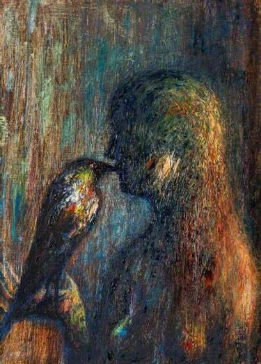 Schilderij getiteld "Woman with BLACKBIRD" door Joseph Urie, Origineel Kunstwerk, Olie