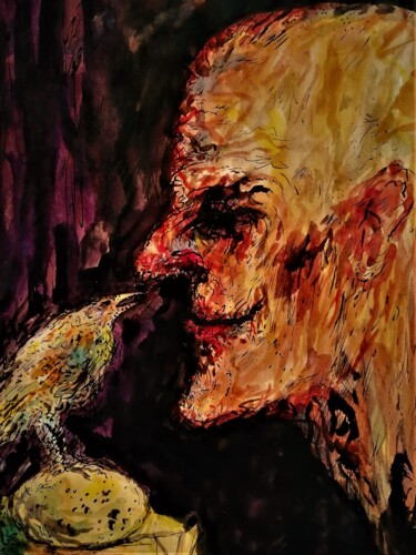 Malerei mit dem Titel "OLD MAN with YOUNG…" von Joseph Urie, Original-Kunstwerk, Aquarell