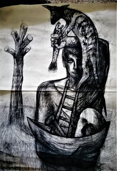 Tekening getiteld "The KIND FISHERMAN" door Joseph Urie, Origineel Kunstwerk, Houtskool