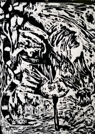 Druckgrafik mit dem Titel "KINGMASK" von Joseph Urie, Original-Kunstwerk, Linoldrucke