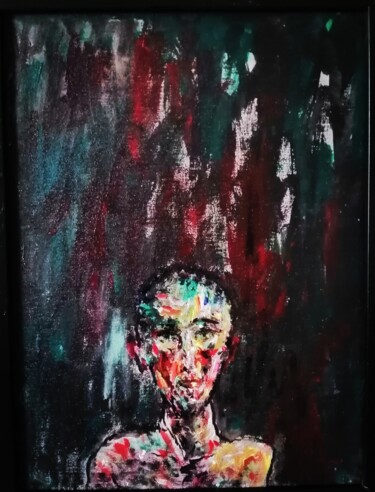 Painting titled "MAN IN A DARK FOREST" by Joseph Urie, Original Artwork, Oil Mounted on Cardboard