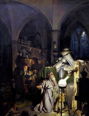 Pittura intitolato "L'alchimiste à la d…" da Joseph Wright Of Derby, Opera d'arte originale, Olio