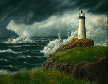 Digital Arts titled "Stormy Lighthouse" by Josephine Estelle, Original Artwork, Digital Painting