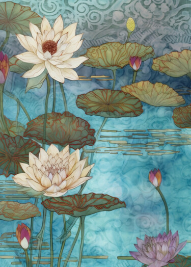 Digital Arts titled "Water Lilies _1" by Josephine Estelle, Original Artwork, Digital Painting