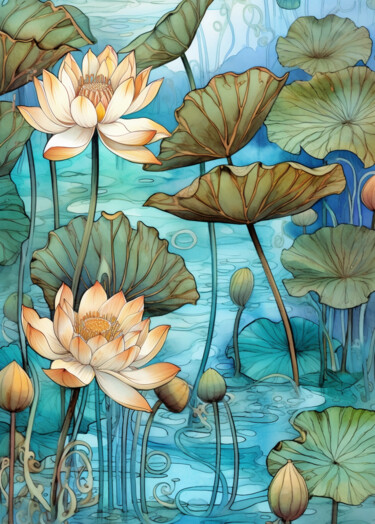 Grafika cyfrowa / sztuka generowana cyfrowo zatytułowany „Water Lilies _3” autorstwa Josephine Estelle, Oryginalna praca, Ma…
