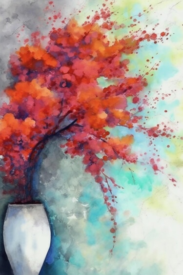Digital Arts titled "Red Tree In White V…" by Josephine Estelle, Original Artwork, Digital Painting
