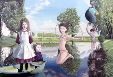 Pintura intitulada "Jugant a l'estany (…" por Josep Maria Fontanet Sureda, Obras de arte originais, Óleo Montado em Armação…