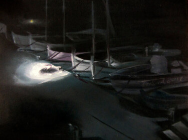 Pintura titulada "Nocturn al moll 5" por Josep Maria Fontanet Sureda, Obra de arte original, Oleo Montado en Bastidor de cam…