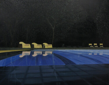 Painting titled "Piscina de nit" by Josep Maria Fontanet Sureda, Original Artwork, Oil Mounted on Wood Stretcher frame