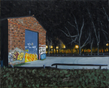 Painting titled "De nit vora el parc" by Josep Maria Fontanet Sureda, Original Artwork, Oil Mounted on Wood Stretcher frame