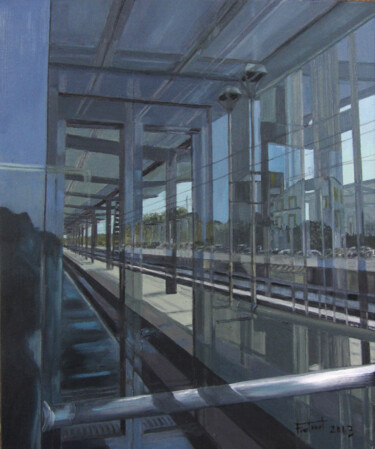 Pintura titulada "Estació de tren" por Josep Maria Fontanet Sureda, Obra de arte original, Oleo Montado en Bastidor de camil…