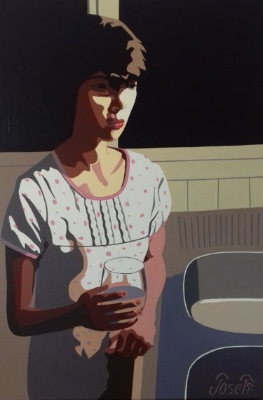 Peinture intitulée "Jeune fille au verre" par Josett, Œuvre d'art originale, Huile