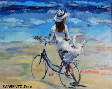 Peinture intitulée "Jane à bicyclette" par Josette Karsenti (josie), Œuvre d'art originale, Huile Monté sur Châssis en bois