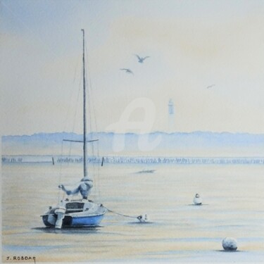 Painting titled "Sur le Bassin" by Josette Roboam, Original Artwork, Watercolor Mounted on Other rigid panel