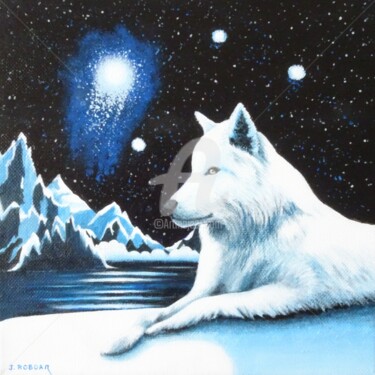 Painting titled "le Loup blanc" by Josette Roboam, Original Artwork, Acrylic Mounted on Wood Stretcher frame