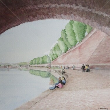 Painting titled "Sous le Pont" by Josette Roboam, Original Artwork, Watercolor Mounted on Other rigid panel