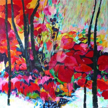 Peinture intitulée "friche fleurie rouge" par Josiane Chauvin, Œuvre d'art originale, Acrylique Monté sur Châssis en bois
