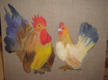 Peinture intitulée "coq et poule 1" par Josiane Leroy, Œuvre d'art originale, Autre