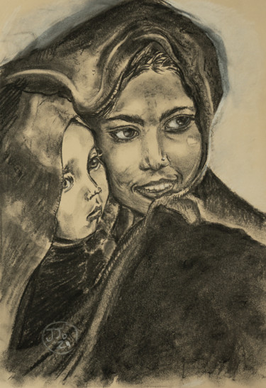 Desenho intitulada "Mother and child In…" por Josine Jansen, Obras de arte originais, Carvão