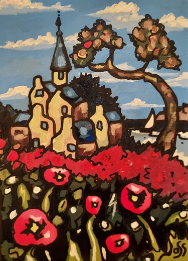 Картина под названием "le petit village pe…" - Joss, Подлинное произведение искусства, Акрил