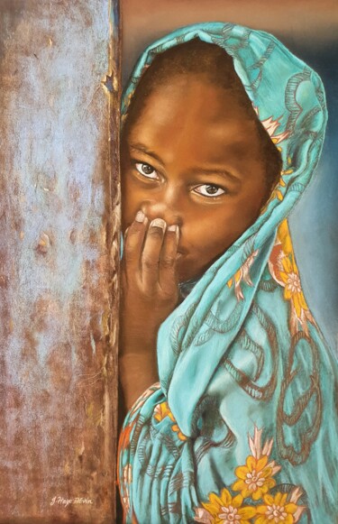 Malarstwo zatytułowany „Turquoise Africaine” autorstwa Josseline Haye-Bevin, Oryginalna praca, Pastel Zamontowany na Szkło