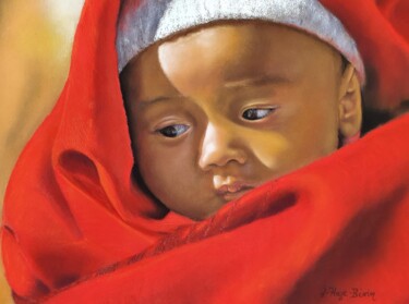 Peinture intitulée "Cheng bébé Tibétain" par Josseline Haye-Bevin, Œuvre d'art originale, Pastel Monté sur Verre