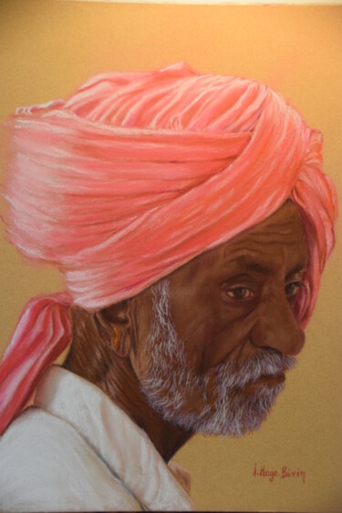 Peinture intitulée "L'homme au turban r…" par Josseline Haye-Bevin, Œuvre d'art originale, Pastel Monté sur Verre
